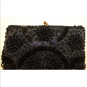 VTG HandMade Formal Cocktail Sexy Black Beaded Clutch Bag Gold Frame